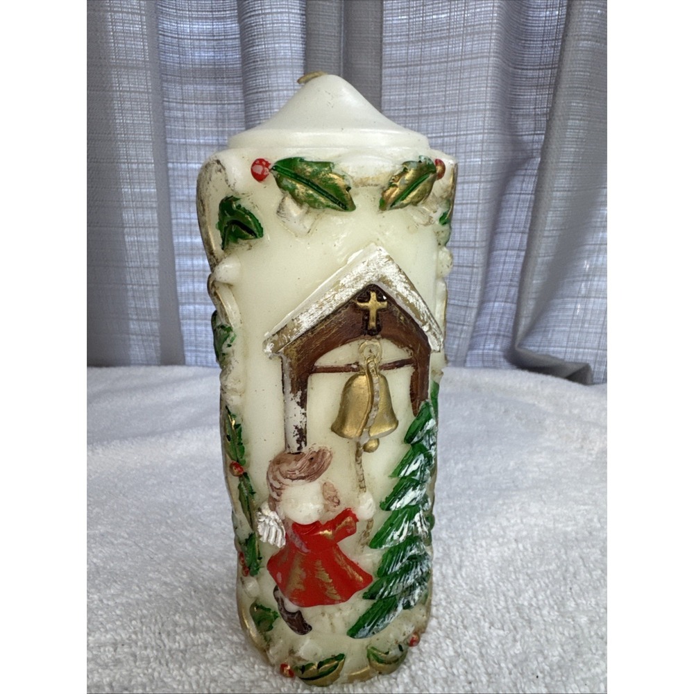 Vtg Angel Bell Christmas Candle Sculpted Carved 3-D Pillar Candle Not Burnt!!!